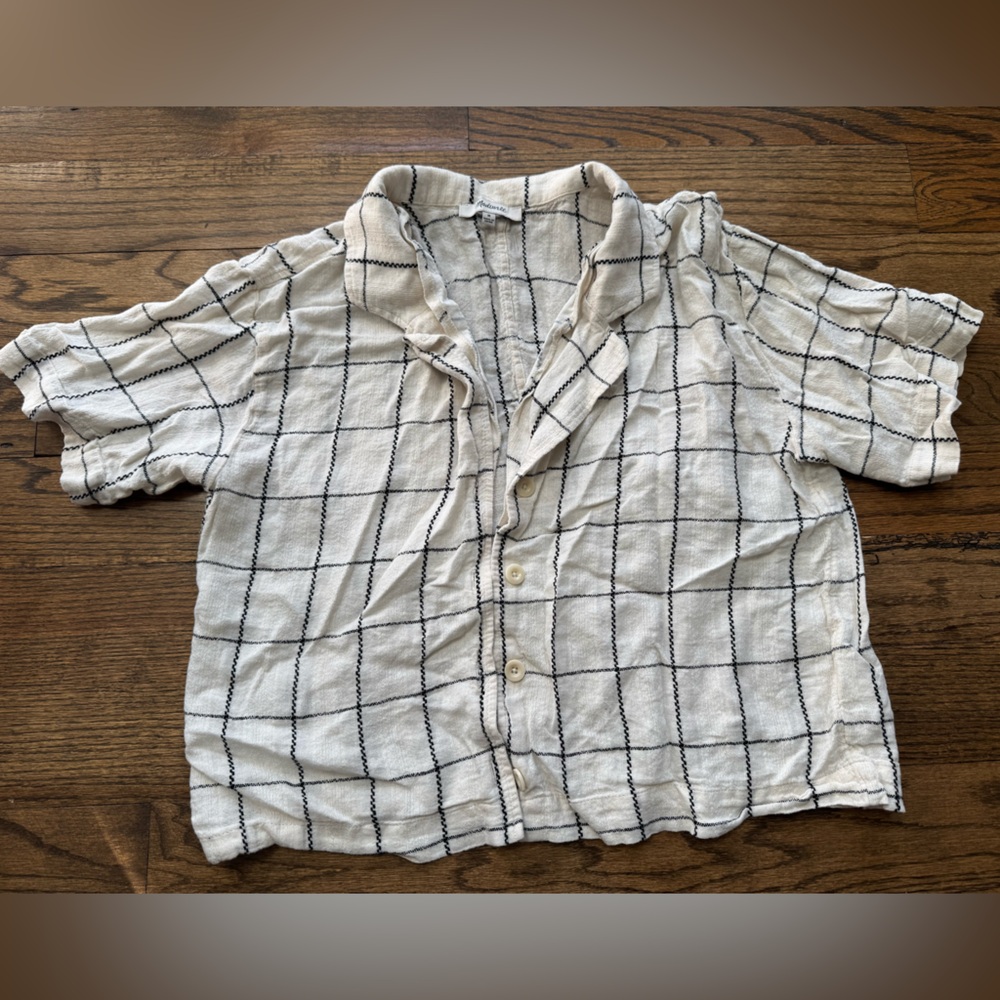 Madewell Linen Blend Grid Button Front Top Medium Khaki Black Windowpane